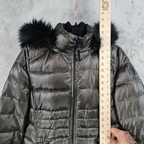 Calvin Klein Duck Down Puffer Jacket Womens Size M Brown Faux Fur Trim Hood - Picture 3 of 10